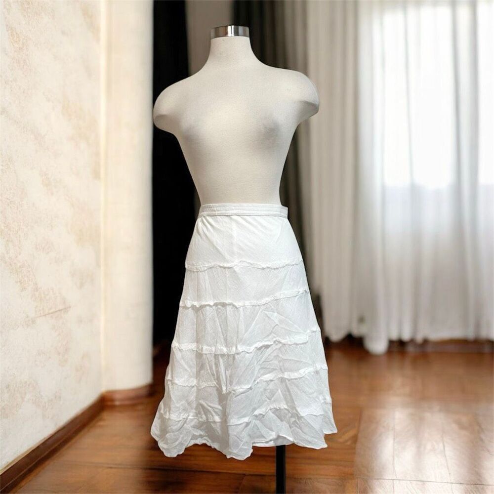 MetroWear White Peasant Mini Knee Length Skirt Tiered Boho Y2K Large Ruffle